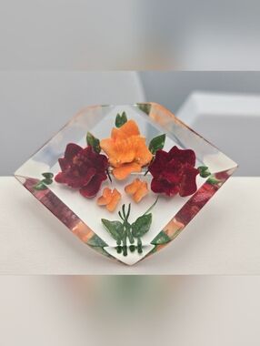 Vintage Reverse Carved Lucite Brooch Faceted Floral Roses Red Orange Mid Century